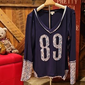 181 POL Blue Top with Floral Trim Only Small Available